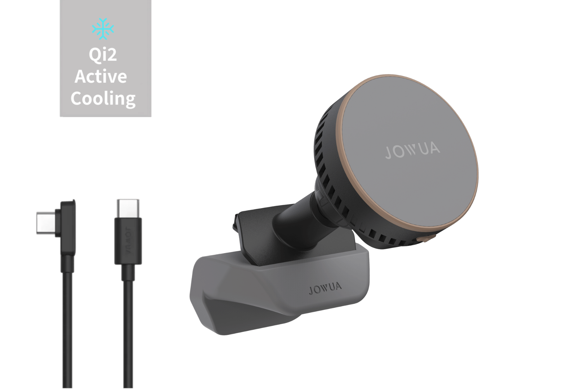 The JOWUA Active Cooling MagSafe Car Mount for Air Vents (Model 3 Highland & Model Y Juniper) features Qi2 wireless charging, semiconductor cooling, a circular gray body with vented edges, and comes with a USB-C to USB-C cable.