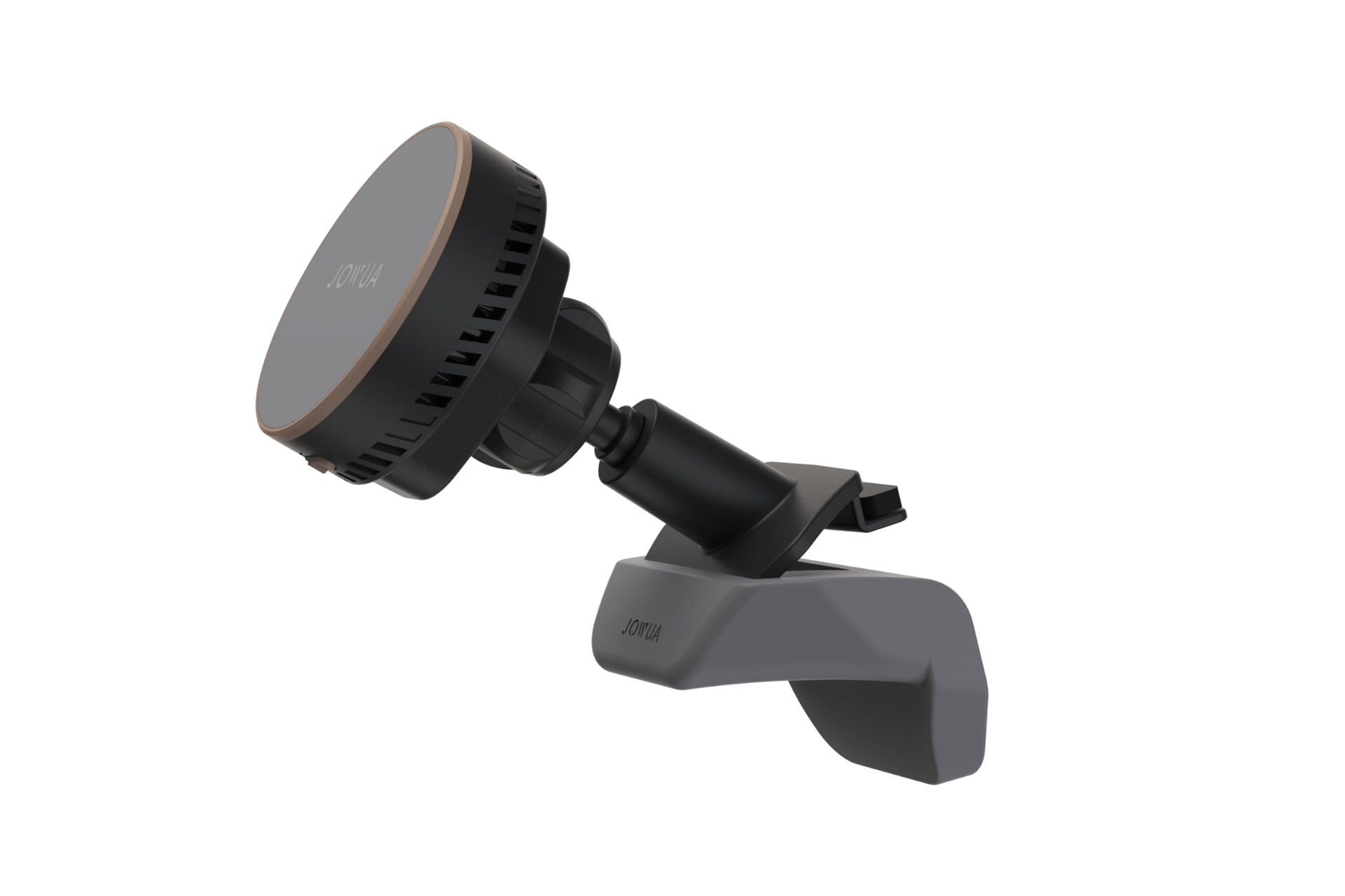A black and gray Active Cooling MagSafe Car Mount with a circular base and adjustable arm, designed to clip onto a car’s air vent—ideal for Model 3 Highland & Model Y Juniper. The brand name 