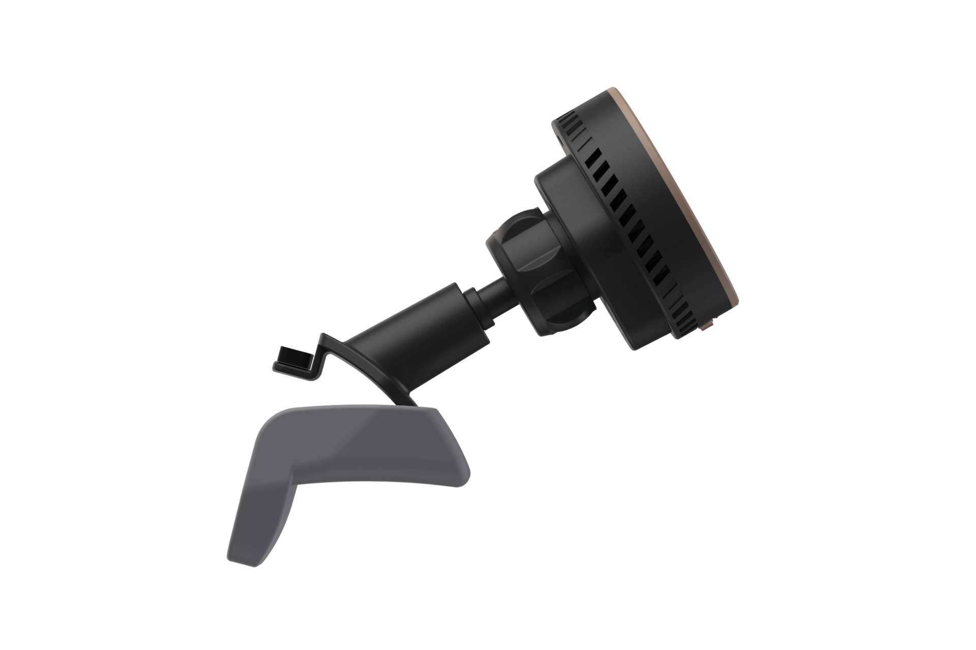Side view of the JOWUA Active Cooling MagSafe Car Mount for Air Vents, designed for Model 3 Highland & Model Y Juniper. Features Qi2 MagSafe charging, an adjustable arm, secure air vent clamp, and a circular surface to firmly hold your phone.