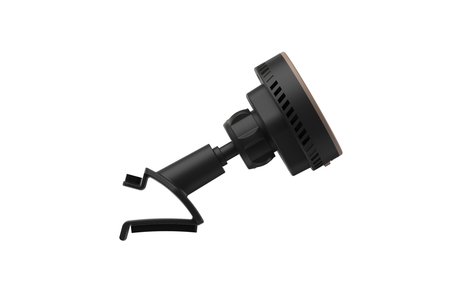 The JOWUA Active Cooling MagSafe Car Mount for Air Vents (Model 3 Highland & Model Y Juniper) is a black, circular mount with a vent clip and textured edge, shown against a white background. Compatible with Qi2 MagSafe charging for secure fastening.