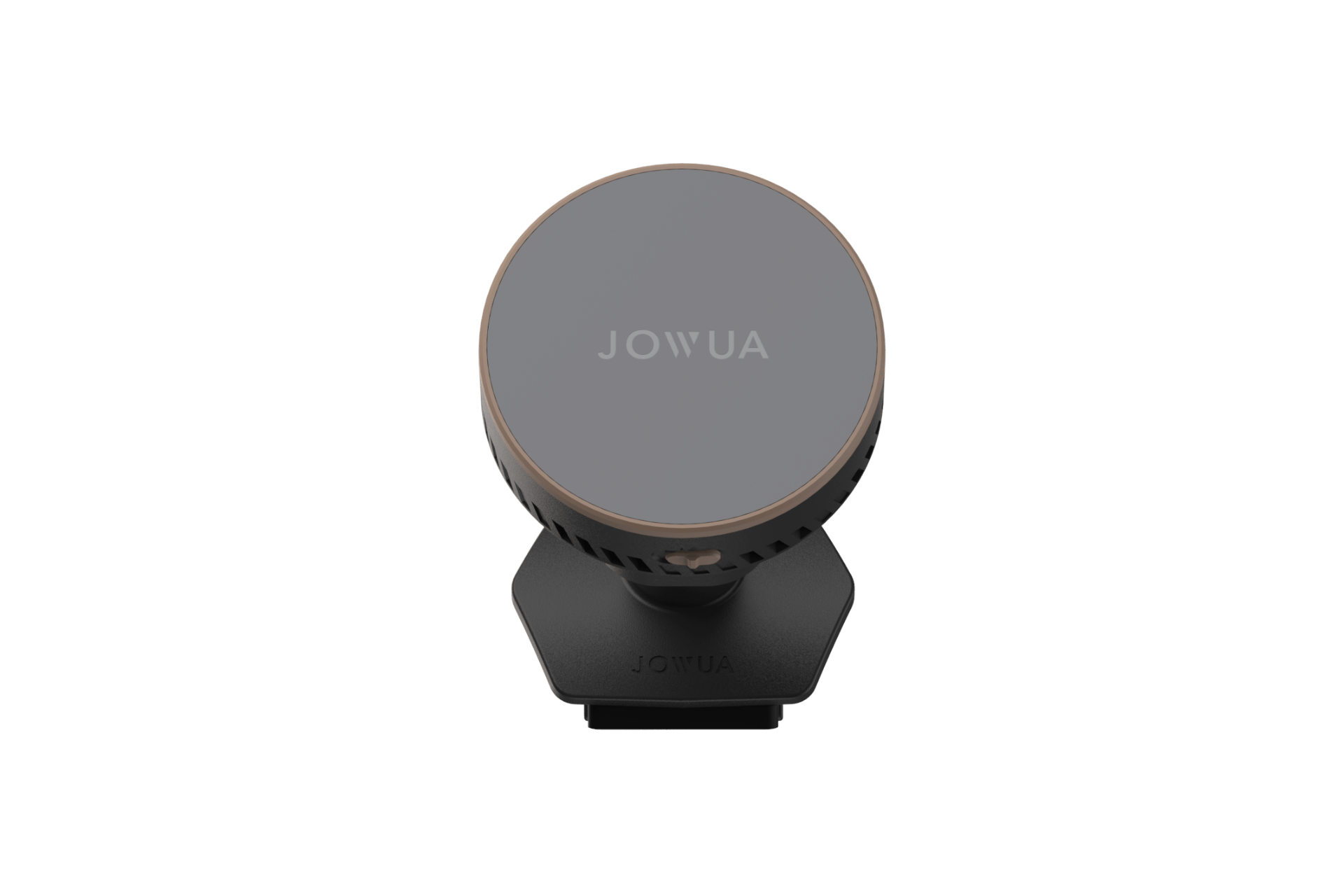 A black and gray circular JOWUA Active Cooling MagSafe Car Mount for Air Vents (Model 3 Highland & Model Y Juniper) is shown on a black base with 