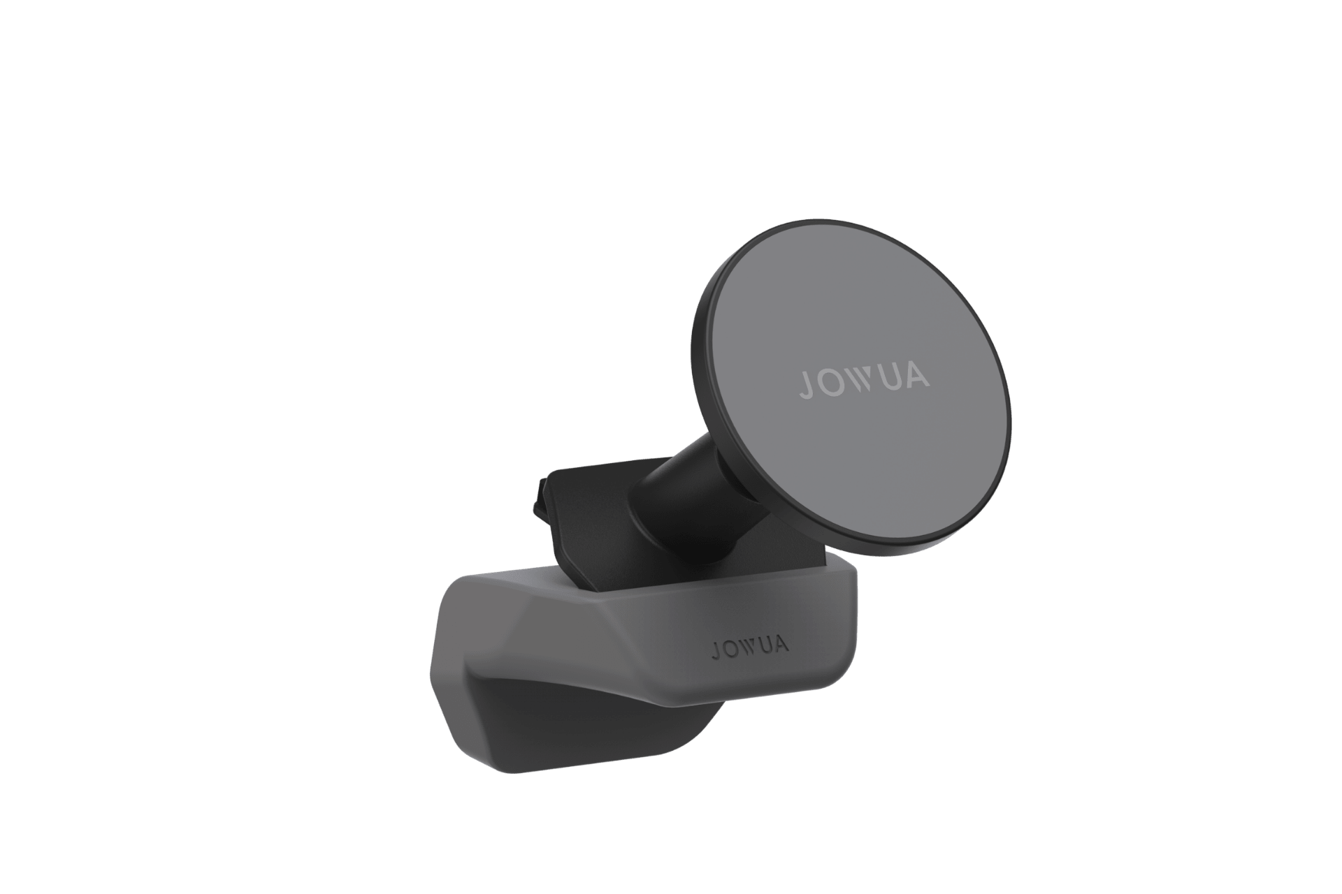A gray and black JOWUA Active Cooling MagSafe Car Mount for Air Vents (Model 3 Highland & Model Y Juniper), featuring a circular front plate and base, designed for Qi2 charging, is shown against a plain white background.
