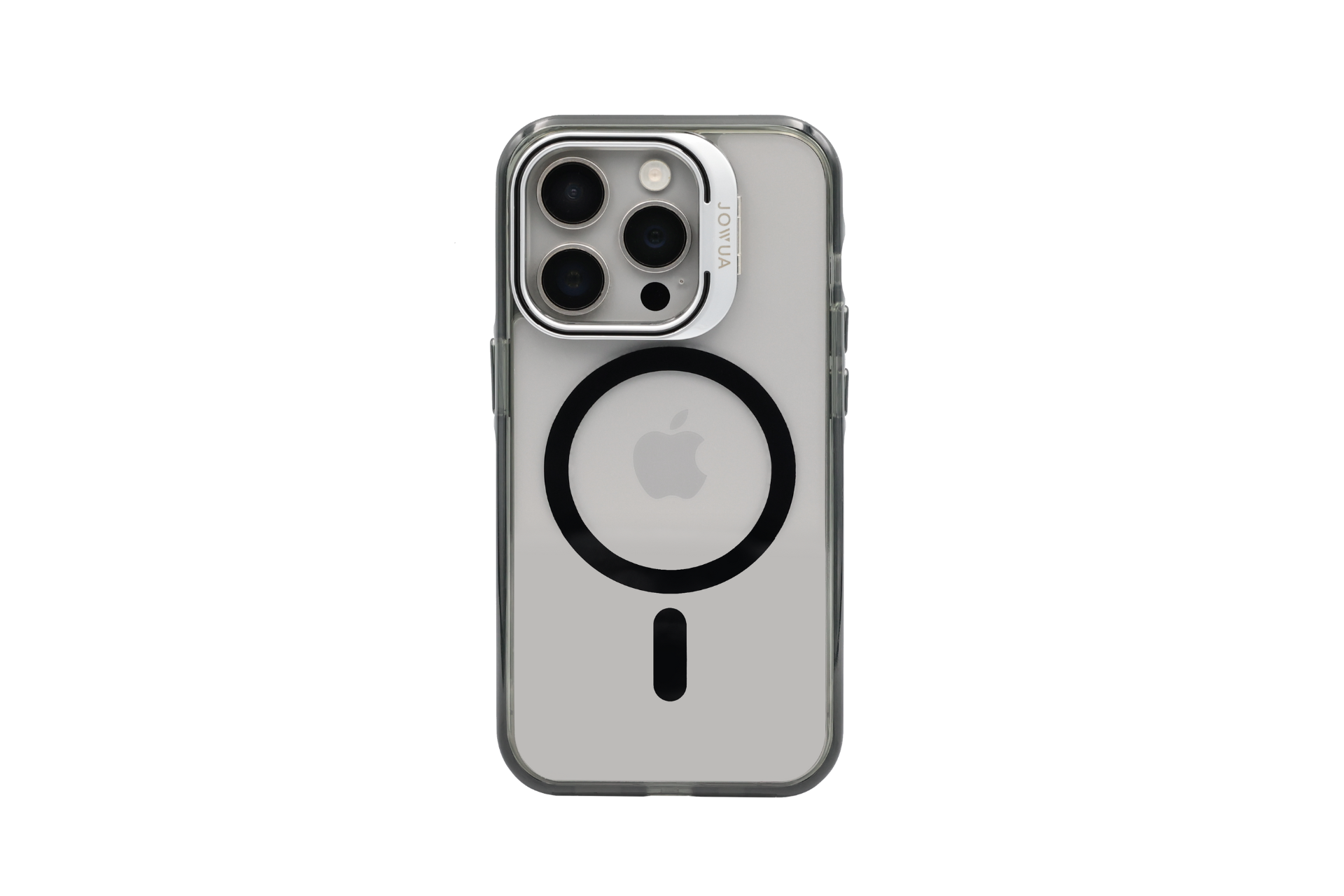 JOWUA iPhone Case for Tesla Car Mount with MagSafe (iPhone 15/14/13 Series) features shock-absorbing protection, a black ring and vertical line design, plus a metallic camera lens clip.