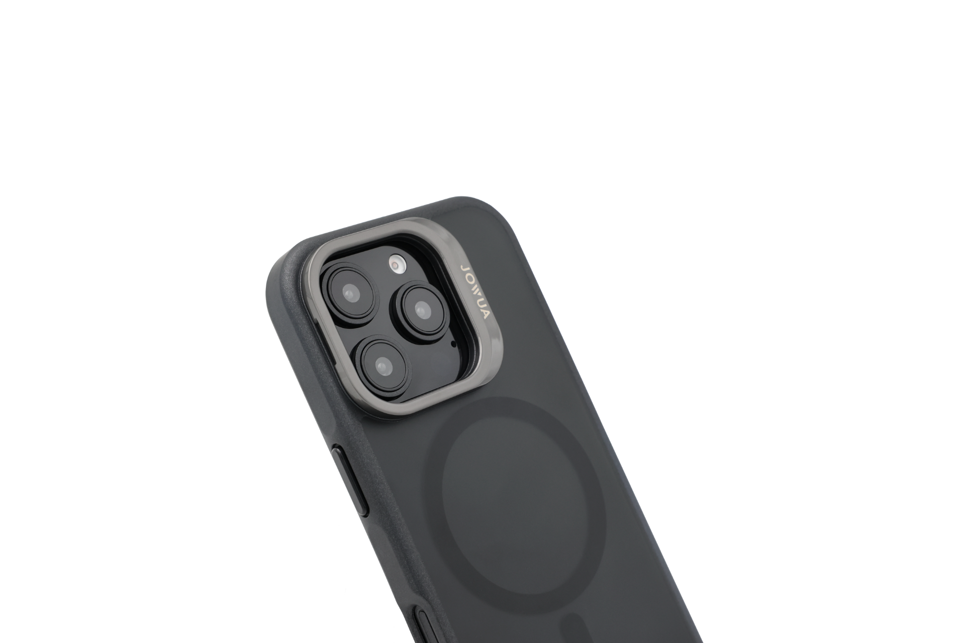 The image showcases an iPhone 16 Series, enclosed in a JOWUA iPhone Case for Tesla Car Mount with MagSafe and Phone Tether Tab Set. The case is dark and transparent, offering robust protection while revealing the triple-camera setup on the device