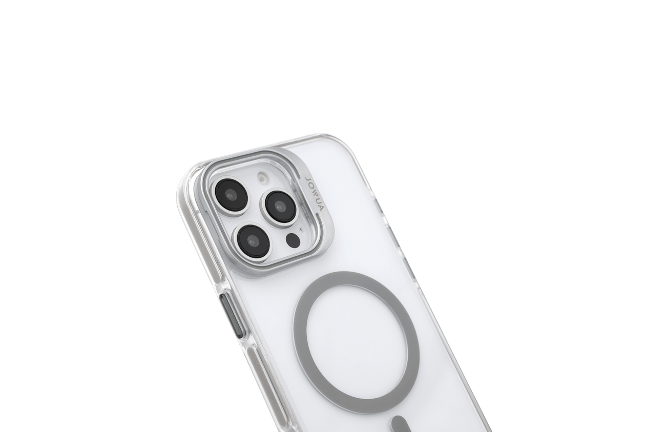 A silver iPhone 16 with a JOWUA MagSafe case for Tesla Car Mount and Phone Tether Tab Set is shown from the top left, displaying the circular MagSafe ring and triple camera lenses.