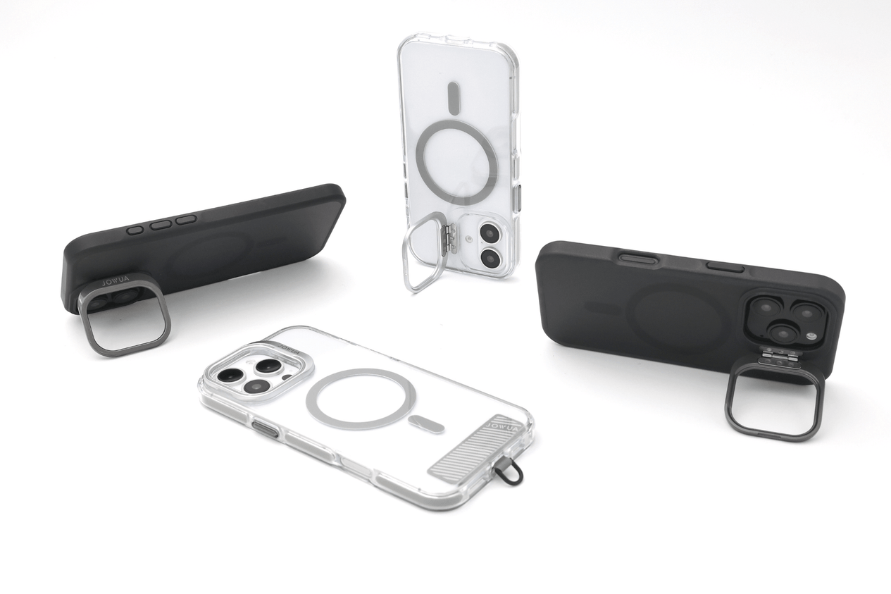 Four JOWUA iPhone Cases for Tesla Car Mount with MagSafe + Phone Tether Tab Set (iPhone 16 Series) are shown in black and clear, standing and lying on a white surface to highlight their back designs and drop-proof protection.