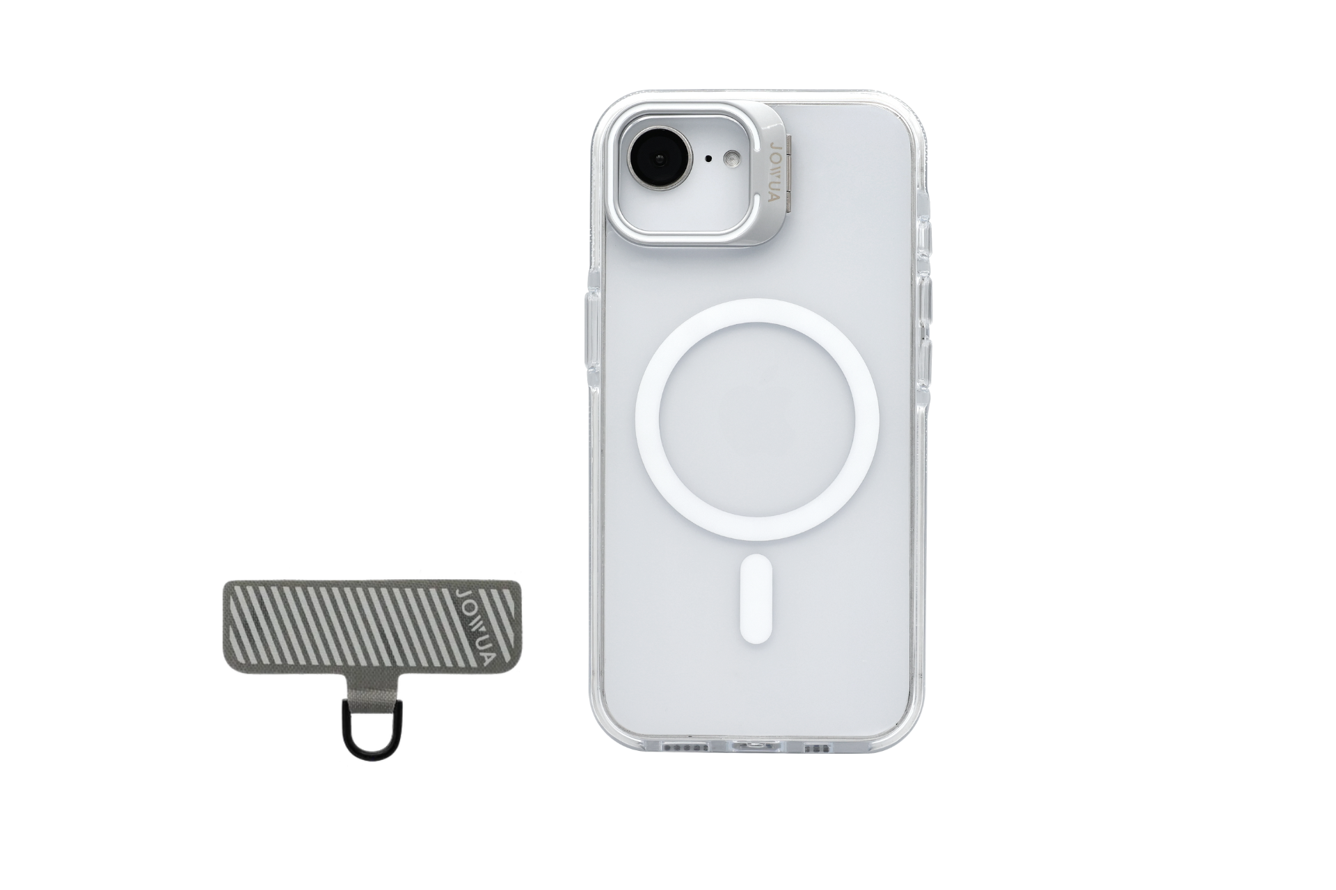 The iPhone Case for Tesla Car Mount with MagSafe and Phone Tether Tab Set (iPhone 16 Series) by JOWUA features a white circular design on its clear case. It includes a small metallic accessory with engraved branding and a compact, striped one. Both are MagSafe compatible, offering style and functionality.