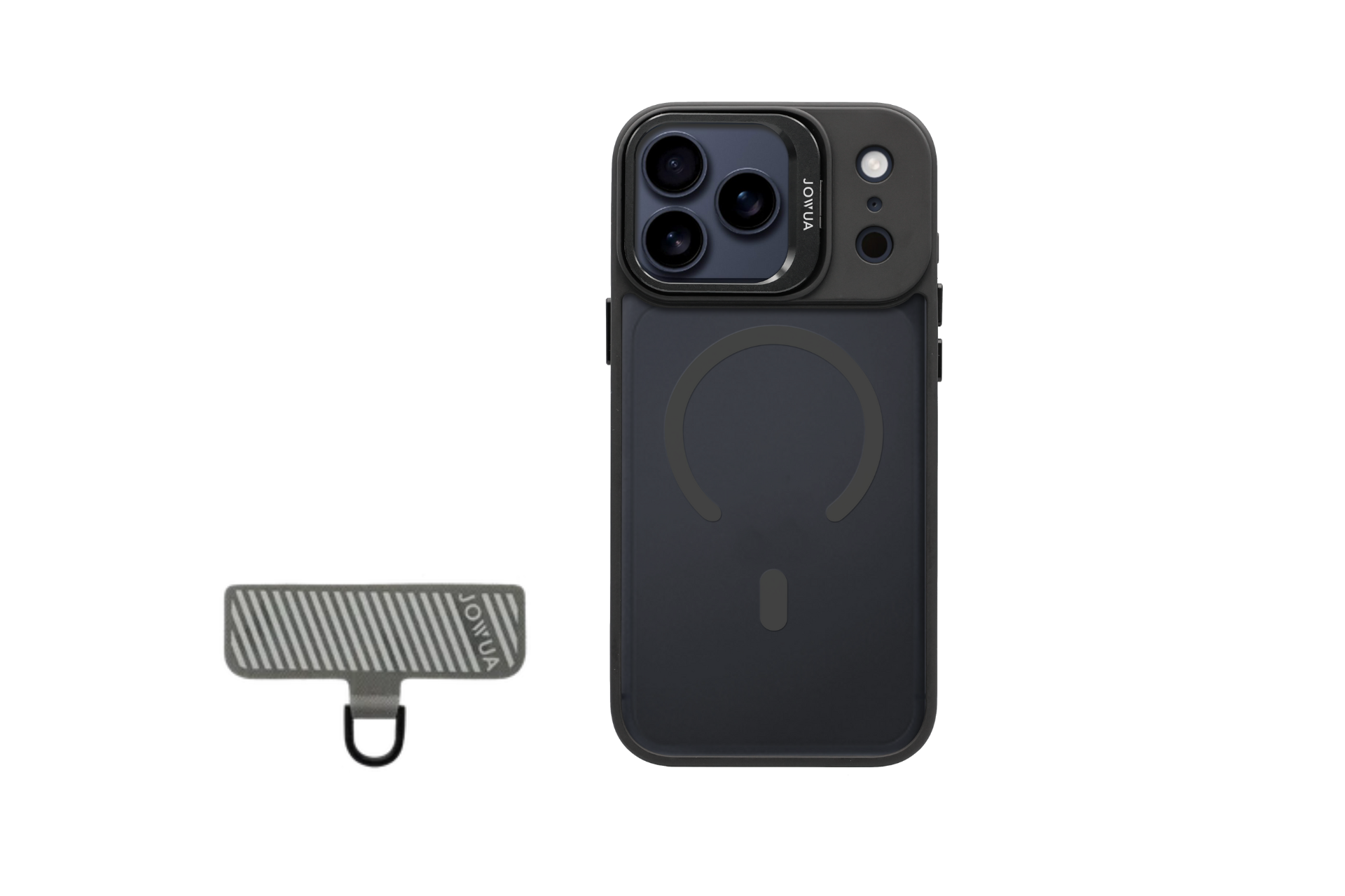A JOWUA iPhone Case for Tesla Car Mount with MagSafe (iPhone 17 Series) and a Phone Tether Tab Set are displayed side by side on a white background, showing the black case's camera bump and the tether's attached ring.