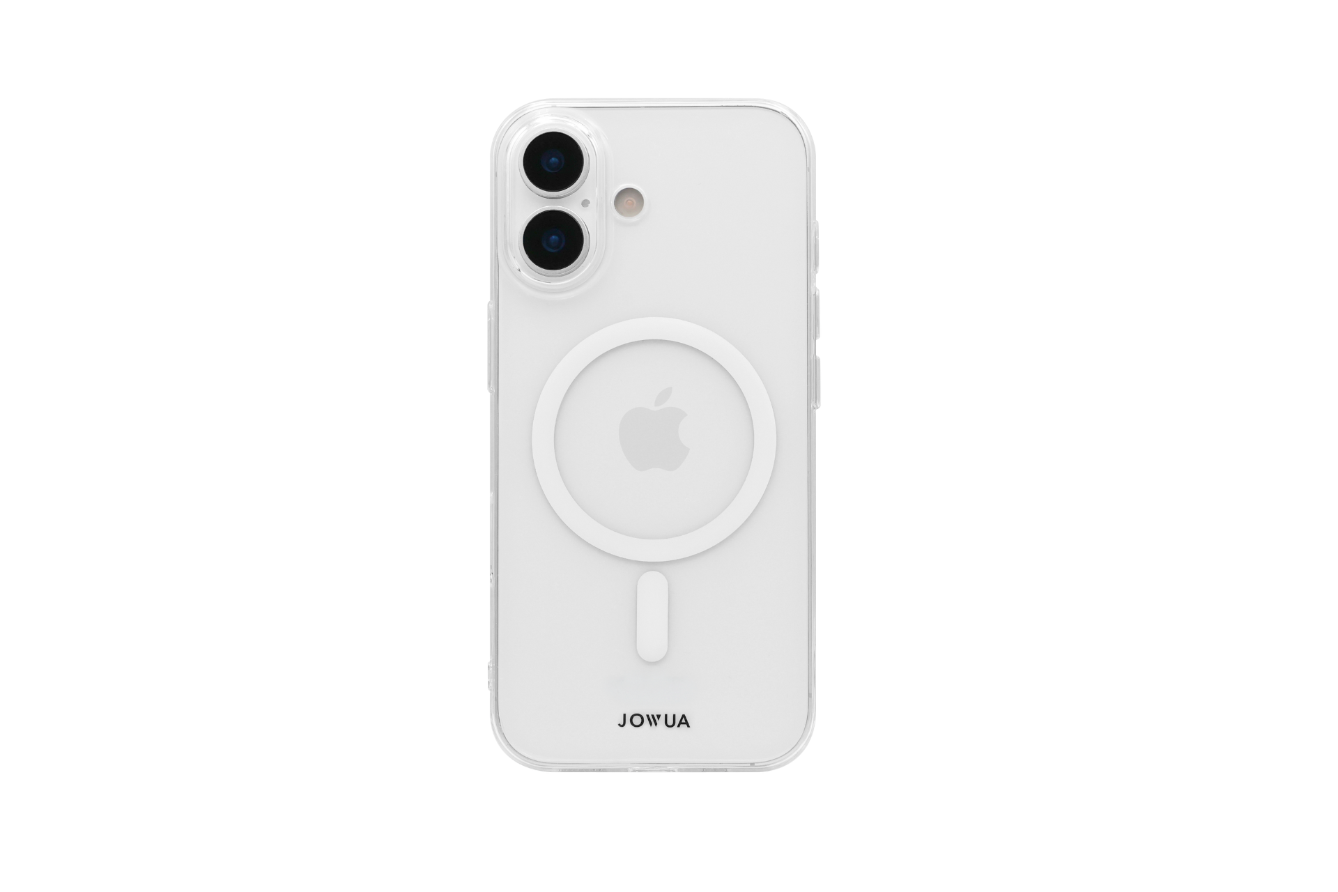 A JOWUA iPhone Case for Tesla Car Mount with MagSafe + Phone Tether Tab Set (iPhone 17 Series) in crystal clear, featuring a large white MagSafe ring and "JOWUA" branding, shown on a white background with anti-yellowing protection.