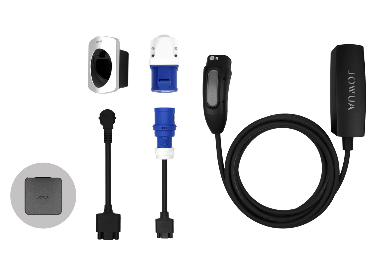 A set of electric vehicle charging adapters and cables, including JOWUA’s EV Mobile Connector (Type-2) – Versatile Mobile Connector with 7.6kW charging, all neatly arranged on a light gray background, with "JOWUA" branding on the coiled main cable.