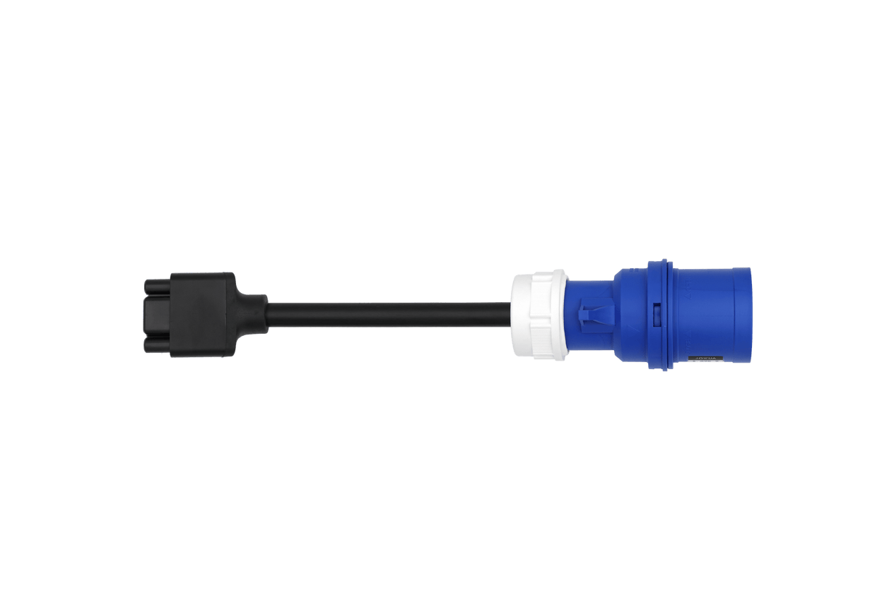 The JOWUA EV Mobile Connector (Type-2) is a black, portable charger with a rectangular connector and a round blue and white industrial plug—ideal for 7.6kW charging—shown on a plain light background.