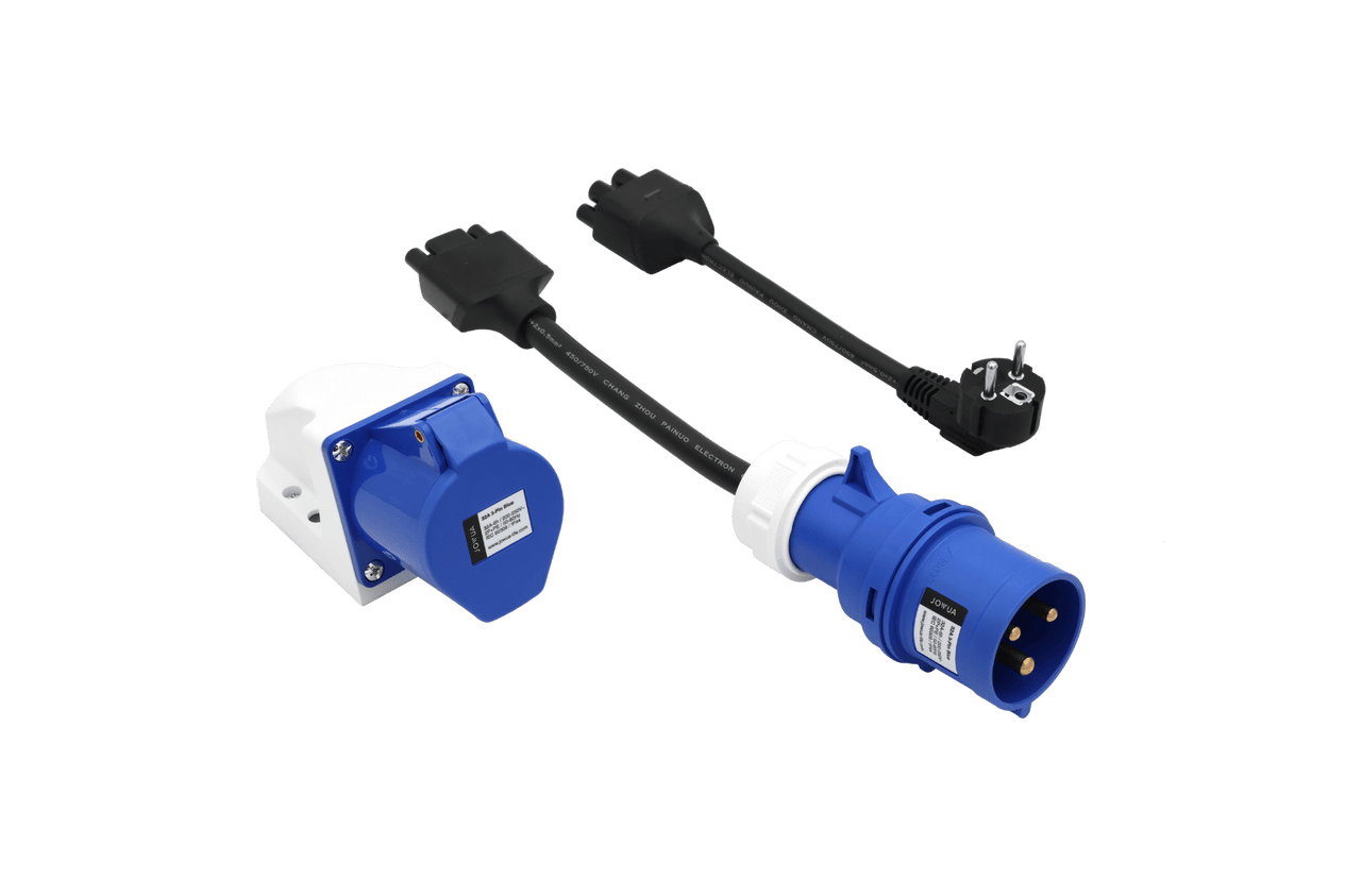 Displayed on a plain white background are the JOWUA EV Mobile Connector (Type-2), a blue portable 7.6kW charger, a short black extension cord, and a blue and white wall-mounted socket.