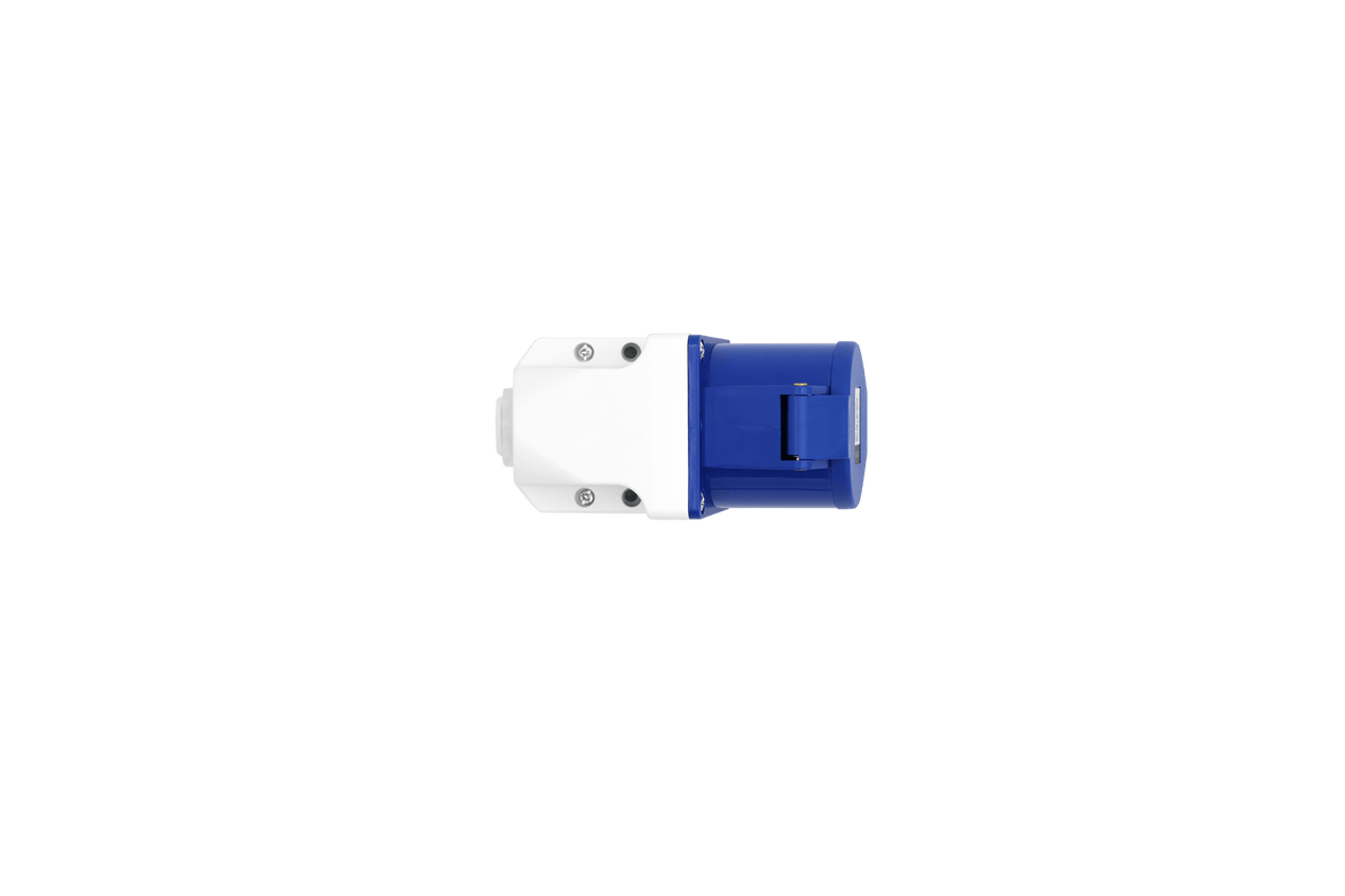 A side view of the JOWUA EV Mobile Connector (Type-2) - Versatile Mobile Connector, featuring a blue and white industrial socket, is shown against a plain light gray background.