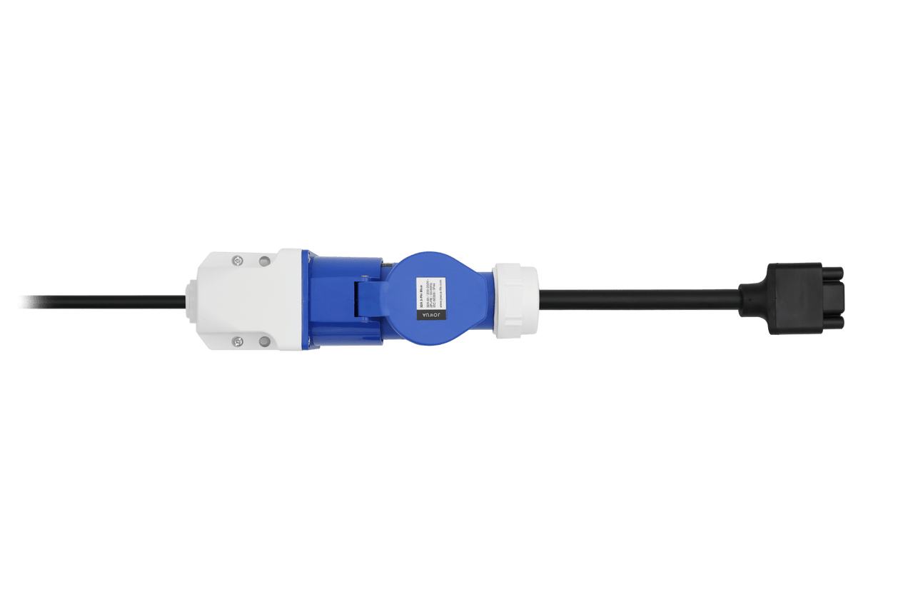 The JOWUA EV Mobile Connector (Type-2) is a blue and white portable charger with black cables, shown horizontally on a white background. This versatile device offers up to 7.6kW charging capability for EVs, ideal for on-the-go use.