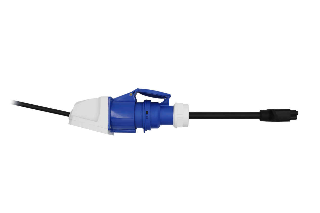 The JOWUA EV Mobile Connector (Type-2) is a blue and white heavy-duty power plug with a hinged cover attached to a black cable, ideal for portable 7.6kW EV charging—shown on a plain white background.
