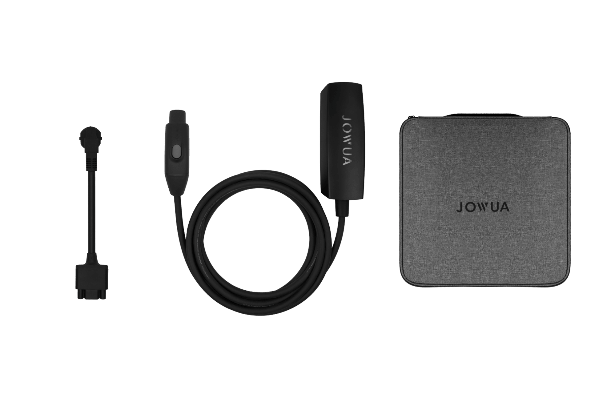 The NACS Mobile Connector Solution for Tesla (Korea) by JOWUA, featuring a black charging cable with control unit, adapter, and a gray carrying case labeled 