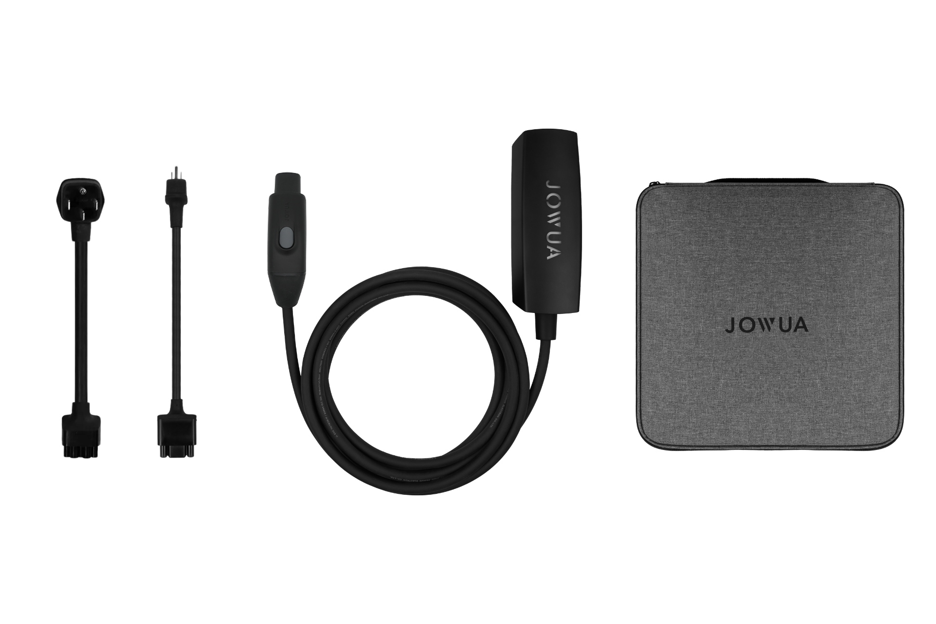 The JOWUA NACS Mobile Connector Solution for Tesla features a sleek, portable grey case, a Tesla charging dock with control box, and various NEMA adapters for travel charging. Each component is displayed neatly against a pristine white background.