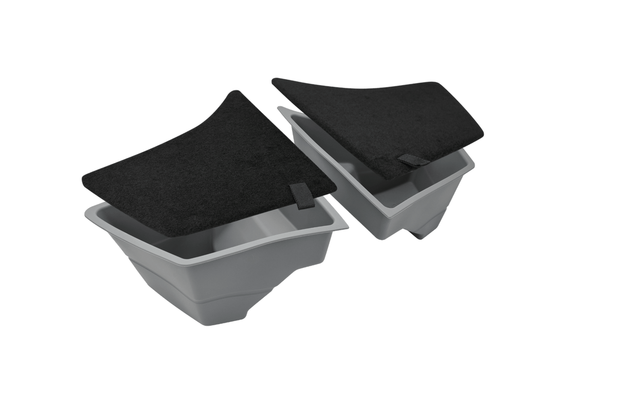 Two gray, rectangular JOWUA Trunk Storage Bins for Tesla Model 3 Highland (2024+) with black fabric lids and pull tabs sit partially open, perfect as a Tesla trunk organizer. They're displayed against a plain white background.