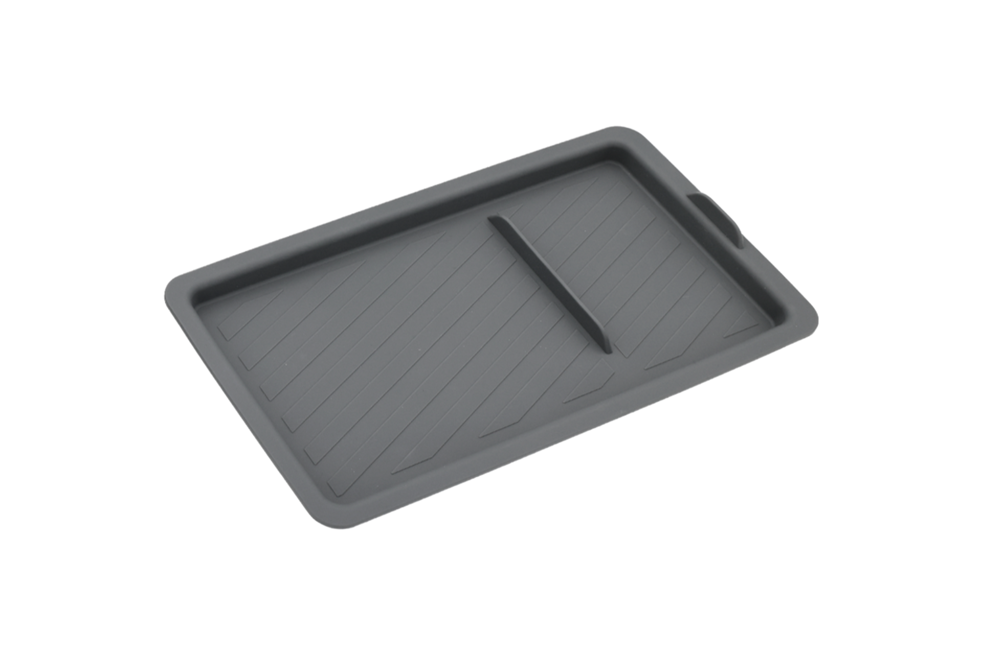 The JOWUA Armrest Console Silicone Mat (Model 3HL/Model Y Juniper) is a gray, rectangular, soft silicone tray with a raised center divider and textured diagonal pattern—ideal for organized storage in your updated Model 3.
