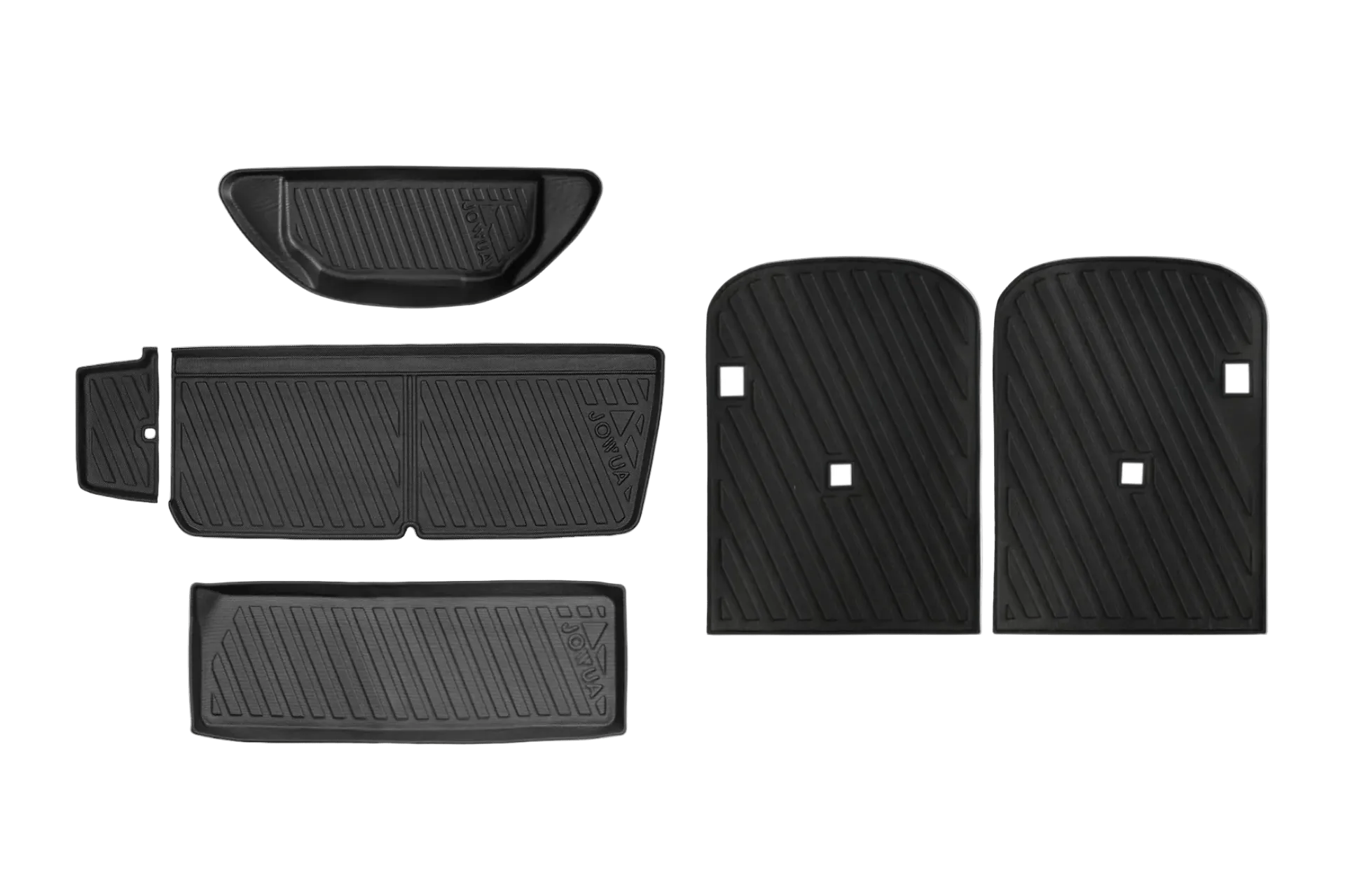 Five black JOWUA All-Weather Shield Model X Trunk Liners (2025+) of various shapes and sizes are arranged on a white background, designed to protect different areas inside your Tesla Model X.