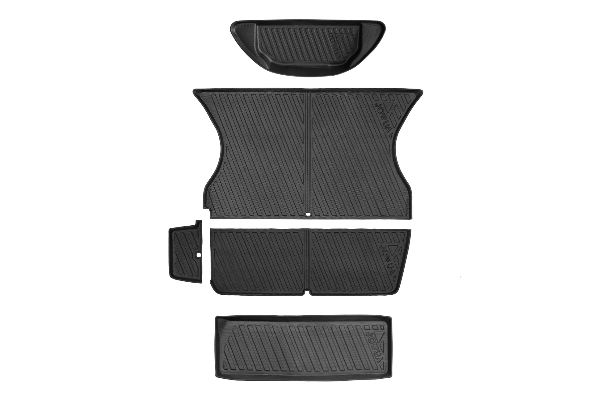 JOWUA All-Weather Shield Model X Trunk Liners (2021-2025): a 5-piece black set with raised edges and grooved waterproof TPE mats, including a rear seat back cover, displayed neatly on a light background.