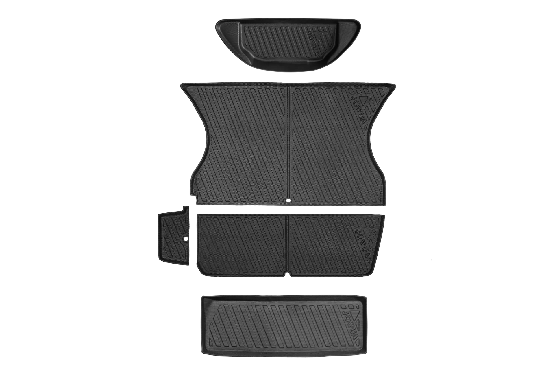 JOWUA All-Weather Shield Model X Trunk Liners (2021-2025): a 5-piece black set with raised edges and grooved waterproof TPE mats, including a rear seat back cover, displayed neatly on a light background.