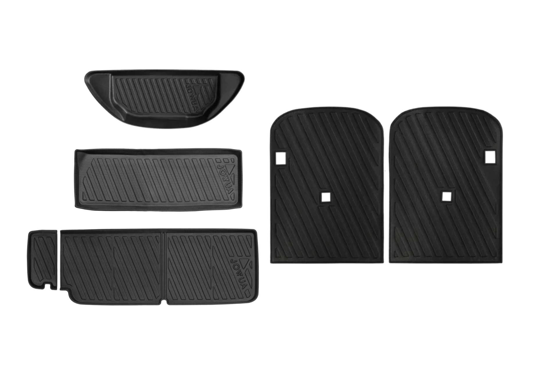 Five black JOWUA All-Weather Shield Model X Trunk Liners (2021+) are displayed on a white background, each with a textured, grooved surface to trap dirt and moisture.