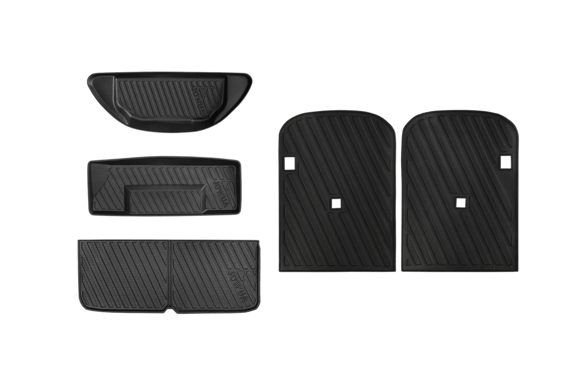 Six black JOWUA All-Weather Shield Model X Trunk Liners (2021+) of assorted rectangular and curved shapes, each with textured grooves, are arranged on a plain white background.