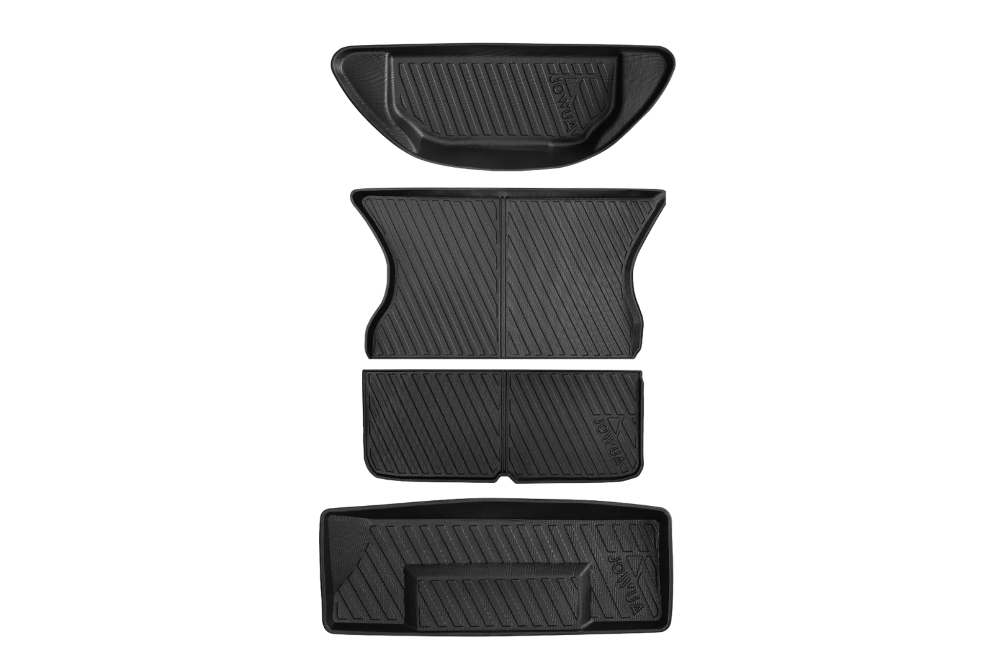 Four black, textured JOWUA All-Weather Shield | Model X Trunk Liners (2021+) are shown vertically on a white background—custom-fit TPE mats with channels for dirt and liquid, ideal as trunk liners or rear seat back covers for Tesla Model X.