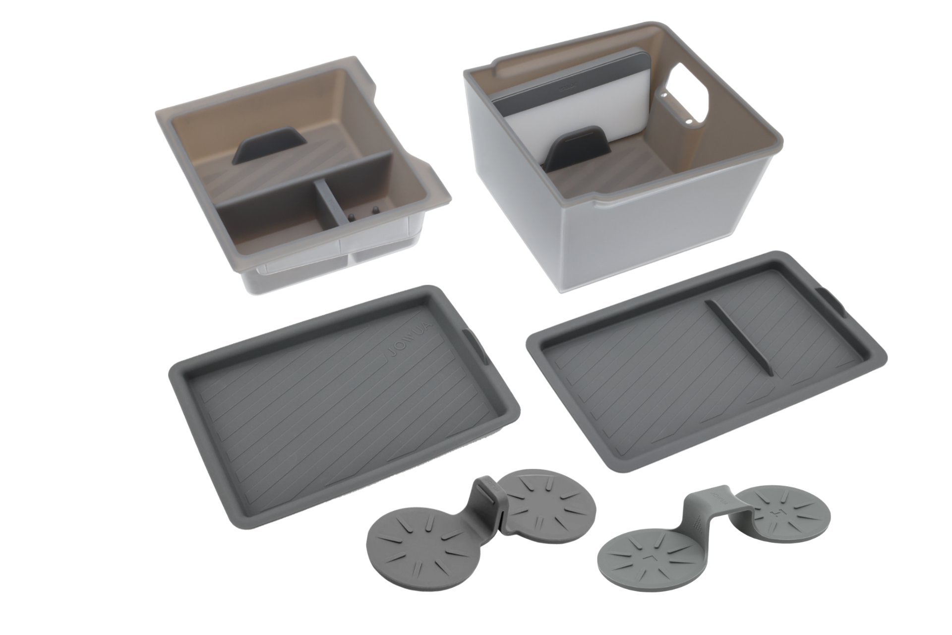 The JOWUA LED Center Console Combo for Tesla Model Y Juniper (2025+) features modular storage with unique drawer design—includes 2 bins with dividers, lids, and round wheel-shaped parts in gray and beige. Ideal for organized center console storage.