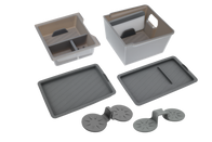The JOWUA All-in-One Interior Upgrade Set for Model Y Juniper (2025+) includes modular storage containers with lids, dividers, and two round, gray accessories—perfect for organized console storage in neutral tones.