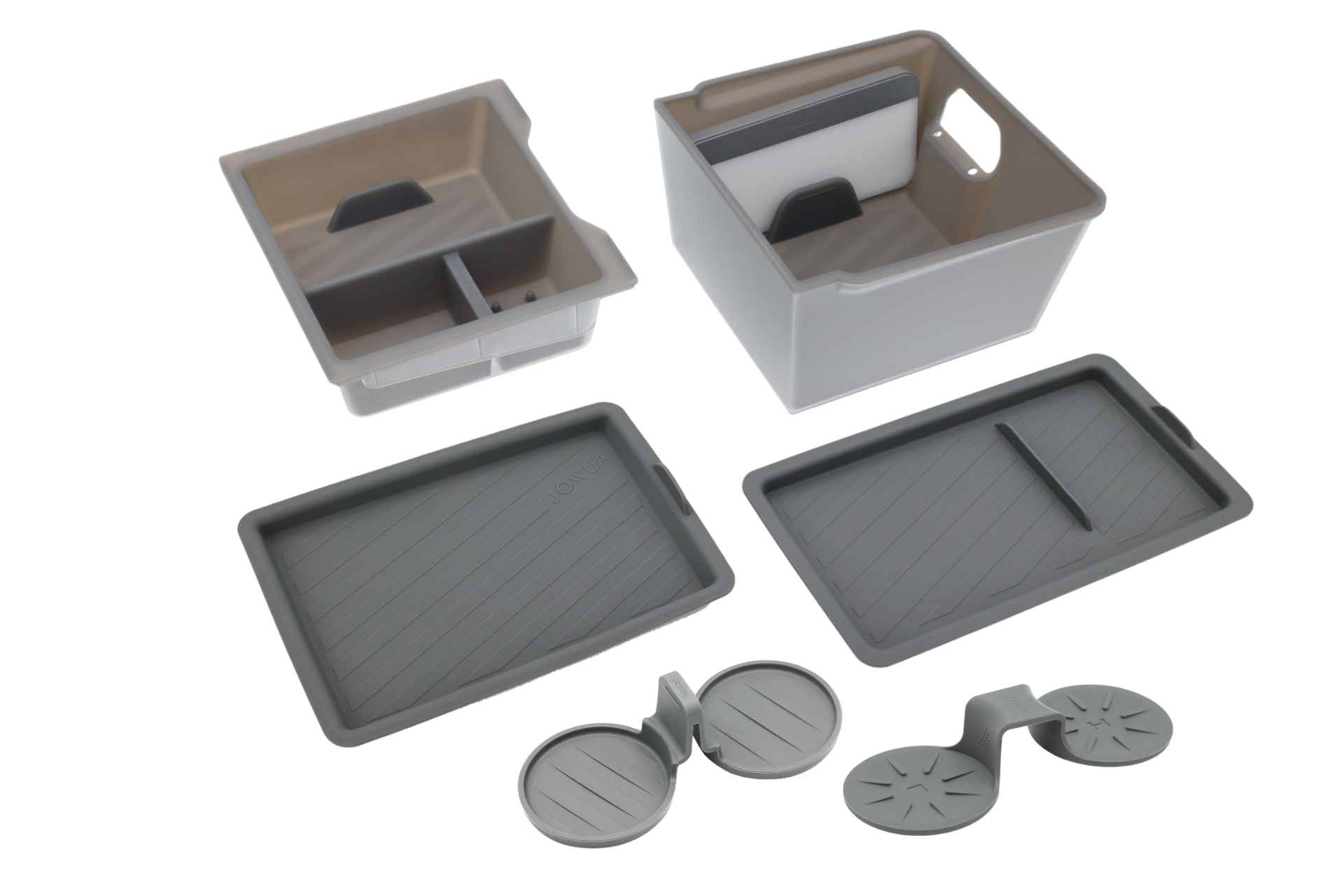 The JOWUA LED Center Console Combo for Tesla Model Y Juniper (2025+) includes modular gray and beige storage containers with dividers, lids, and wheel-like accessories—ideal for organizing your center console or storing accessories.