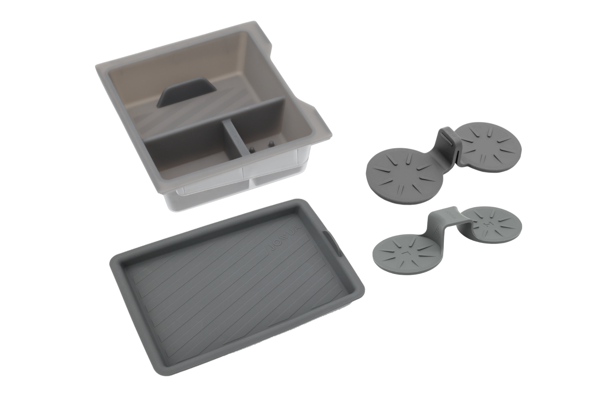 A JOWUA Center Console Set for Tesla Model Y Juniper 2025+, featuring gray silicone accessories—a rectangular organizer tray, a divided square container, and two non-slip coasters—displayed on a white background.