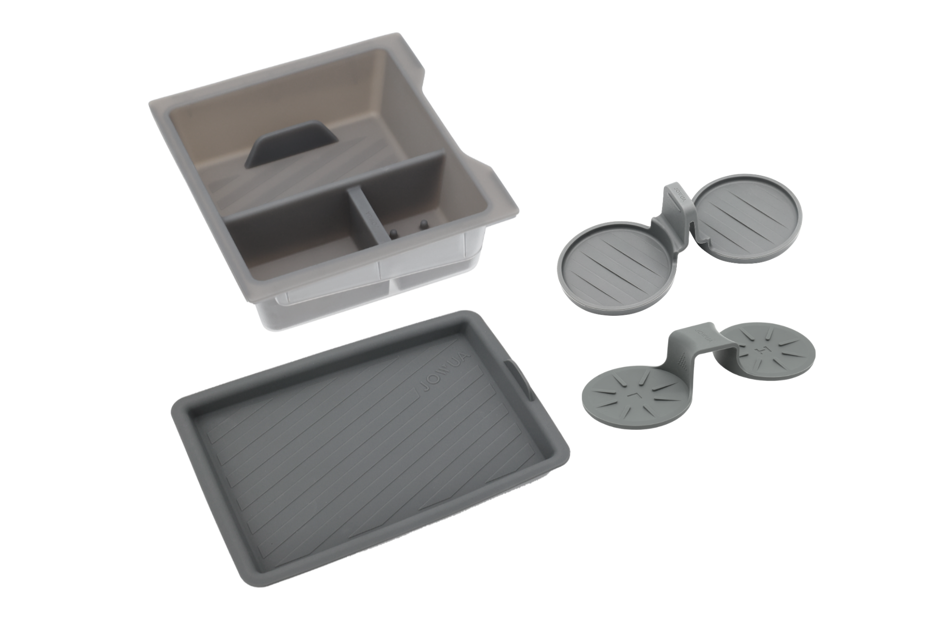The JOWUA Center Console Set for Tesla Model Y Juniper 2025+ includes a rectangular tray, a divided square organizer, and two round silicone molds—ideal for use with your Tesla accessories—displayed on a white background.