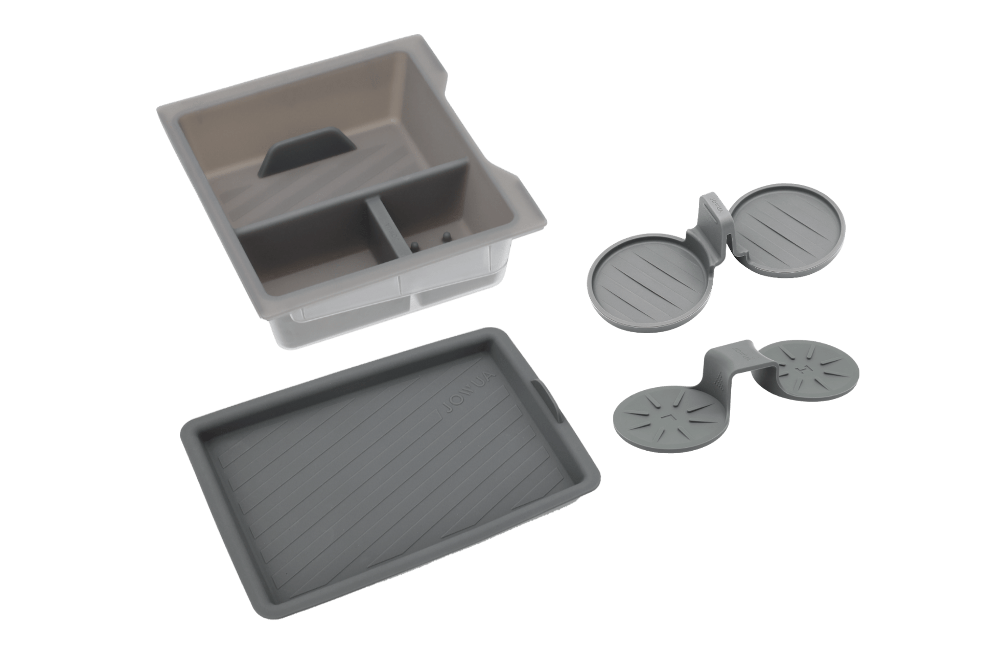 The JOWUA Center Console Set for Tesla Model Y Juniper 2025+ includes a rectangular tray, a divided square organizer, and two round silicone molds—ideal for use with your Tesla accessories—displayed on a white background.