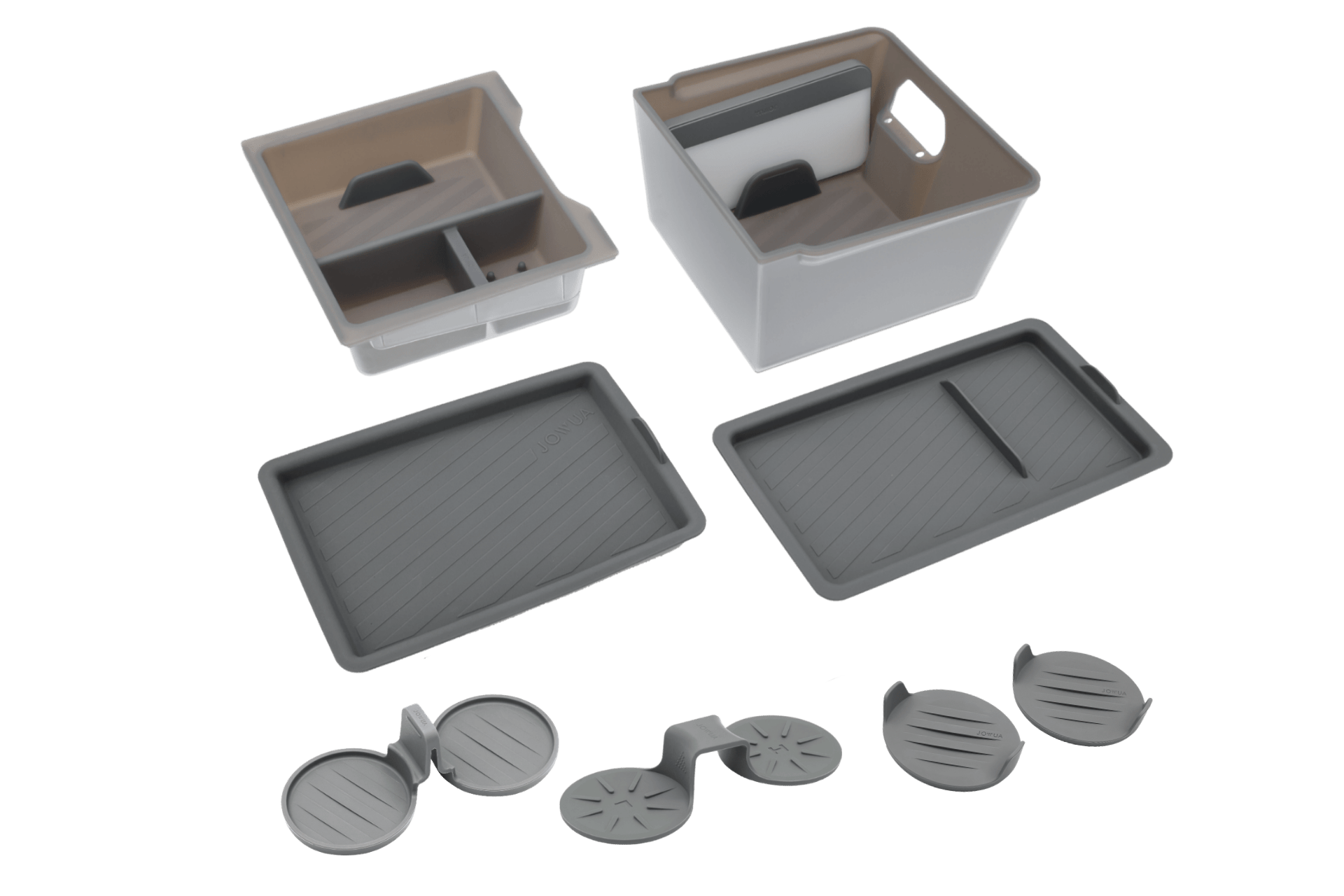 The JOWUA LED Center Console Organizer Set (for Tesla Model Y L 2026+) features gray and beige rectangular organizers with dividers, matching lids, handles, fitted compartments, and four round or semi-circular plastic accessories on a white background.