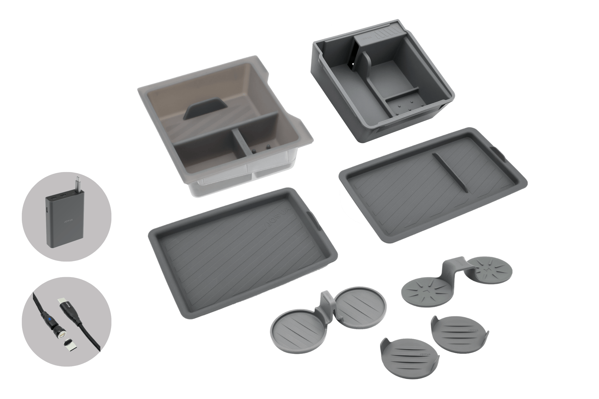 The JOWUA Center Console Organizer Set with Power HUB for Tesla Model Y (2026+) features gray and beige trays, an armrest organizer, two cupholder inserts, silicone mats, a Type-C cable, and a slim gray device—all displayed on a light background.