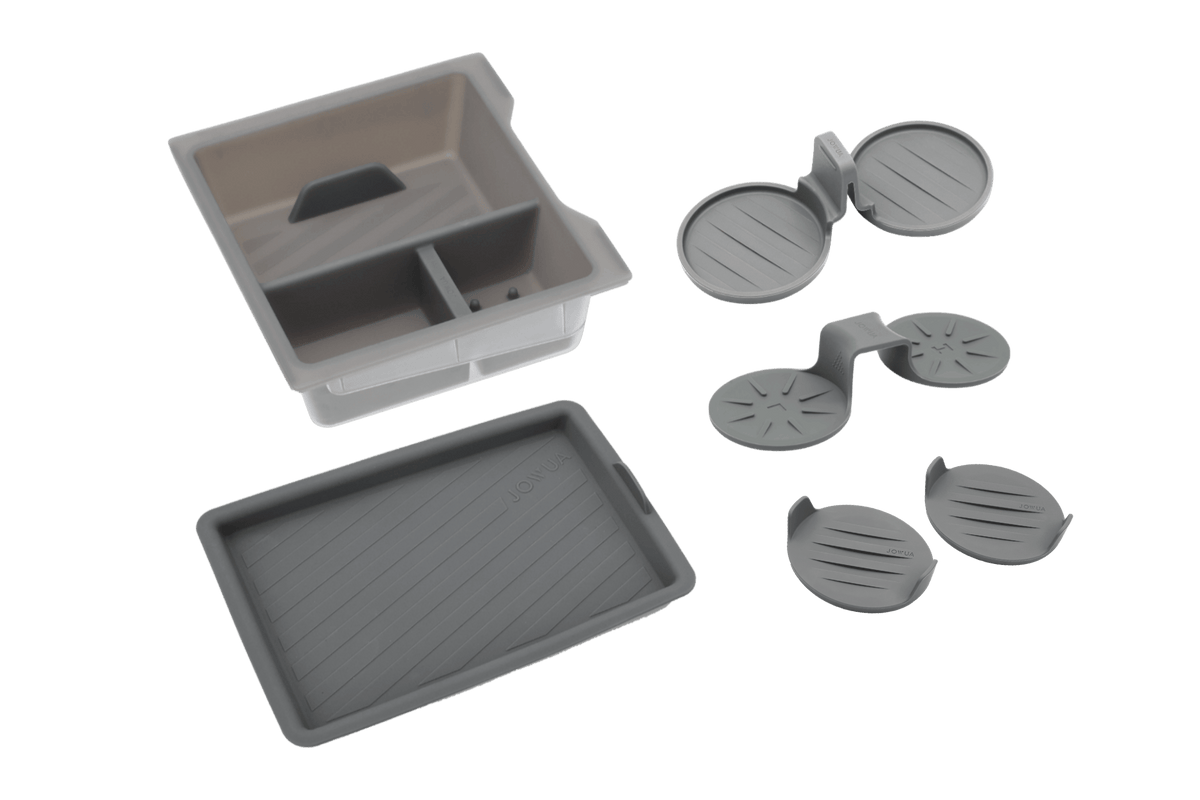 The JOWUA Center Console Set for Model Y L (Premium & Performance 2025-2026+) includes gray silicone accessories like a divided container and tray, ideal for organizing your home or kitchen with car-inspired efficiency.
