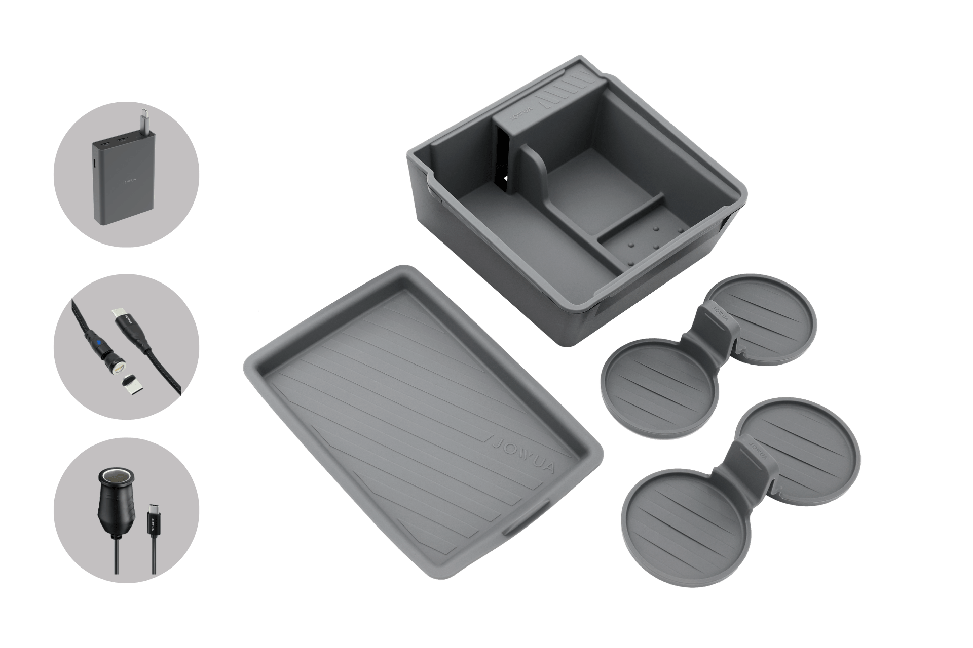 The JOWUA Armrest Storage Organizer Set with Power HUB for Tesla Model Y Standard 2026+ includes a main compartment, tray lid, two round silicone cup coasters, plus images showing USB charger, charging cables, and plug adapter on the left side.