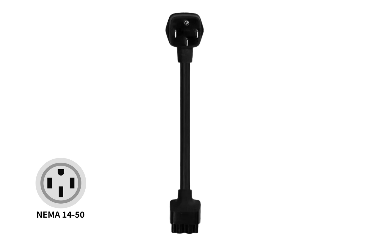 The JOWUA NEMA 14-50 Mobile Connector Adapter is a black Tesla-compatible cord with plug and socket ends. A three-prong outlet icon in the corner highlights its superior cable durability for reliable use.