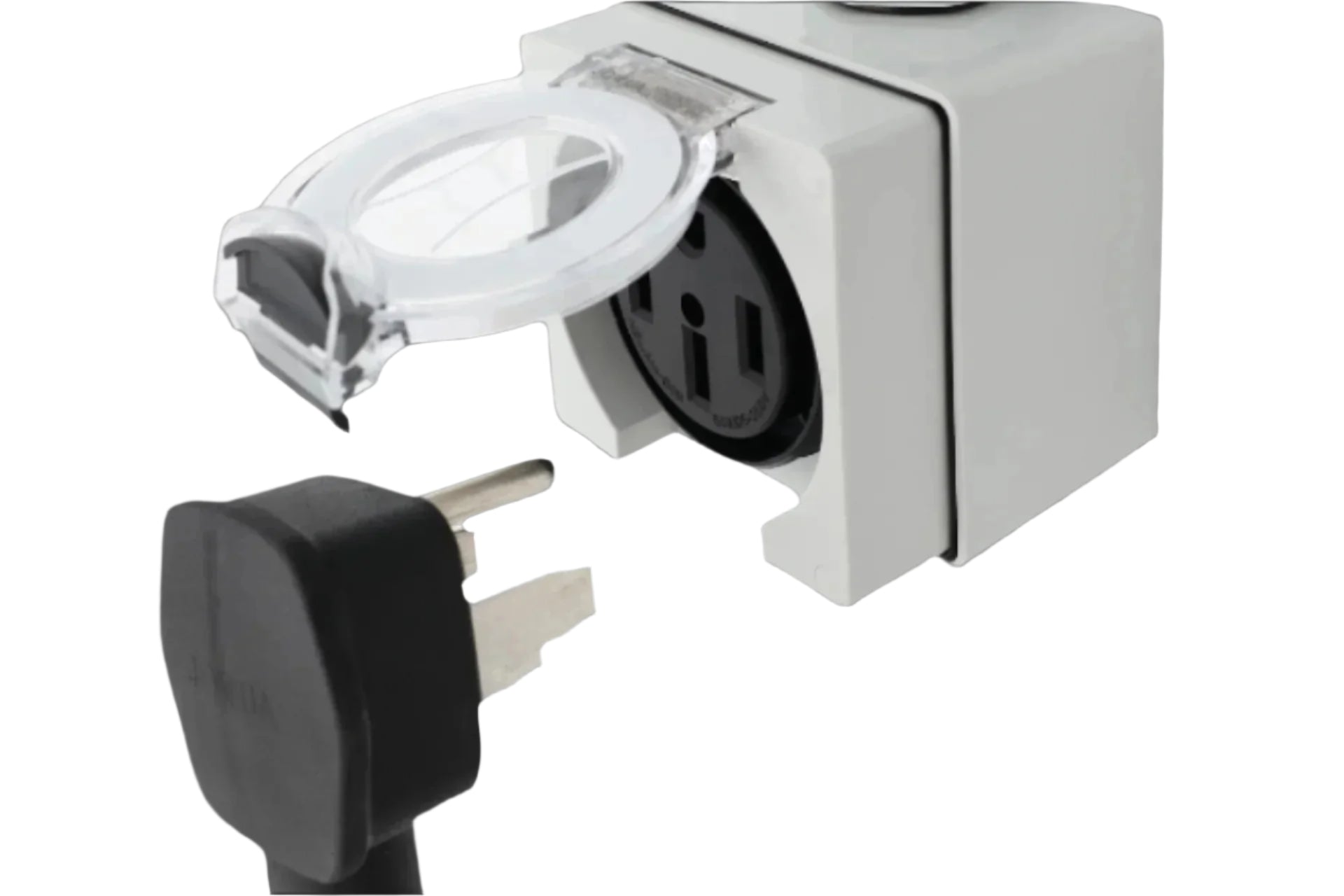 The image features a close-up of a black, three-prong plug next to a gray NEMA 14-50 outlet, designed by JOWUA. The outlet is equipped with an IP66 weatherproof transparent flip cover and is open, allowing space for the plug to be inserted. Both components are positioned against a white background and are ETL listed for quality assurance.