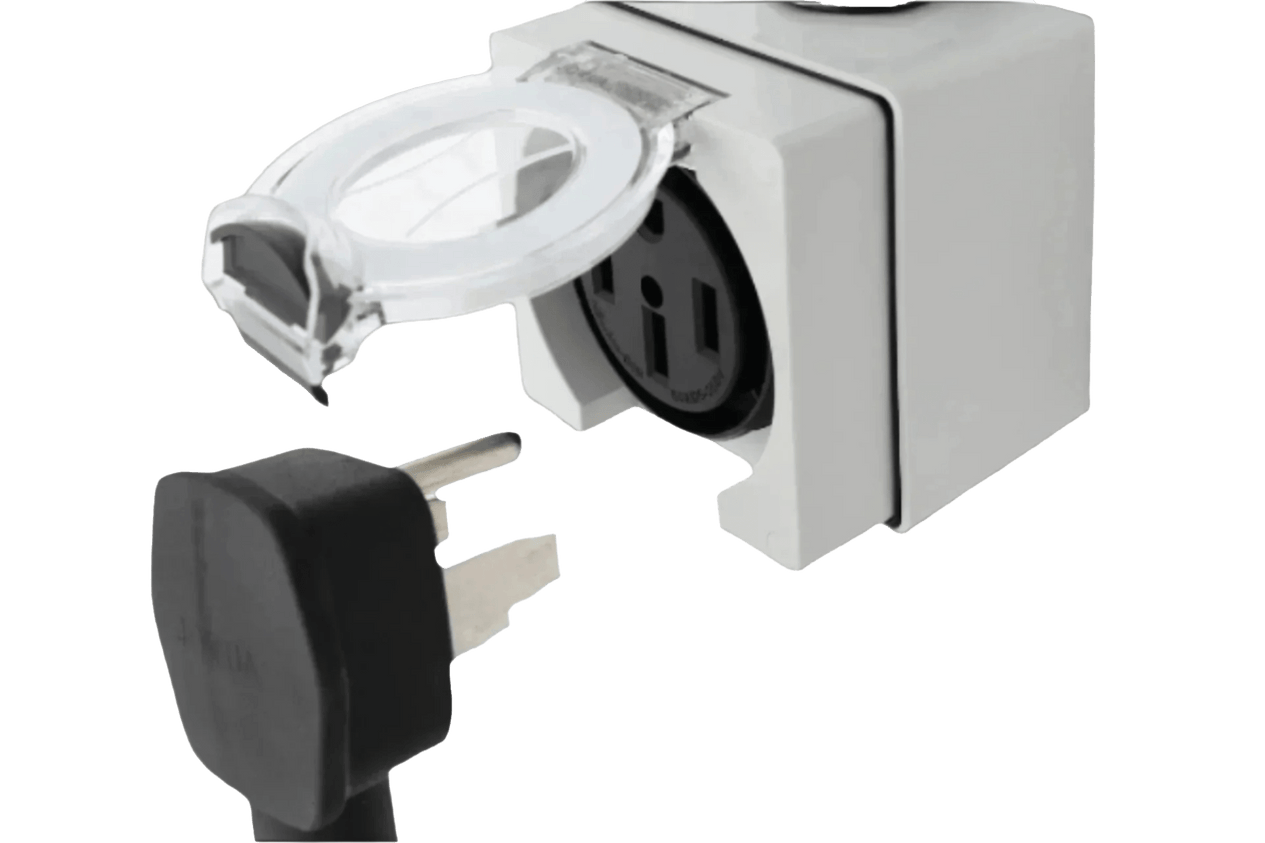 A close-up shows a black plug—NEMA 14-50—about to be inserted into the JOWUA NEMA 14-50 Weatherproof Power Outlet Box, featuring a white exterior and transparent IP66-rated protective cover flipped open.