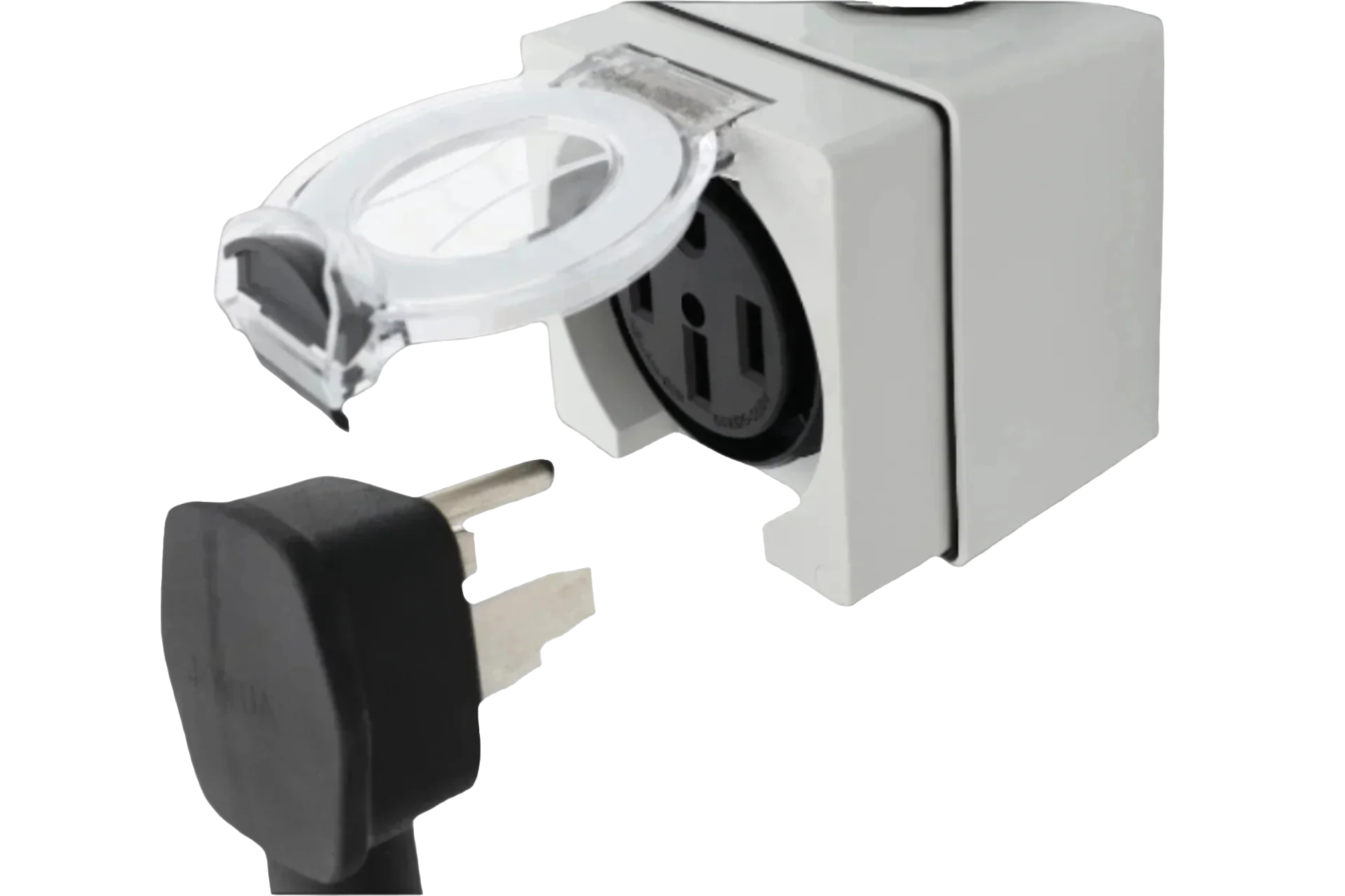A close-up shows a black plug—NEMA 14-50—about to be inserted into the JOWUA NEMA 14-50 Weatherproof Power Outlet Box, featuring a white exterior and transparent IP66-rated protective cover flipped open.