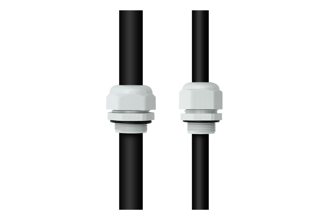 Two black cables are securely positioned through white plastic cable glands with threaded ends and ribbed caps in the JOWUA NEMA 14-50 Weatherproof Power Outlet Box, ensuring vertical placement. The setup is ETL Listed for reliability against a plain white background, guaranteeing safety and precision.