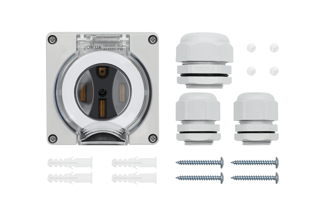 Introducing the JOWUA NEMA 14-50 Weatherproof Power Outlet Box, which features a transparent cover and includes three white cable glands with ETL Listed components. The kit comes complete with four wall plugs and screws, all arranged neatly on a white background. It offers IP66 weatherproof protection for dependable performance in any setting.