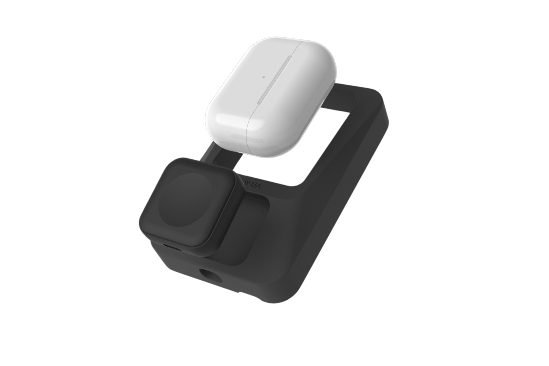 The JOWUA Power Dock Combo, an Apple accessory charger for Tesla, features a sleek black wireless charging stand with an AirPods dock and smartwatch charging pad, set elegantly against a plain black background.