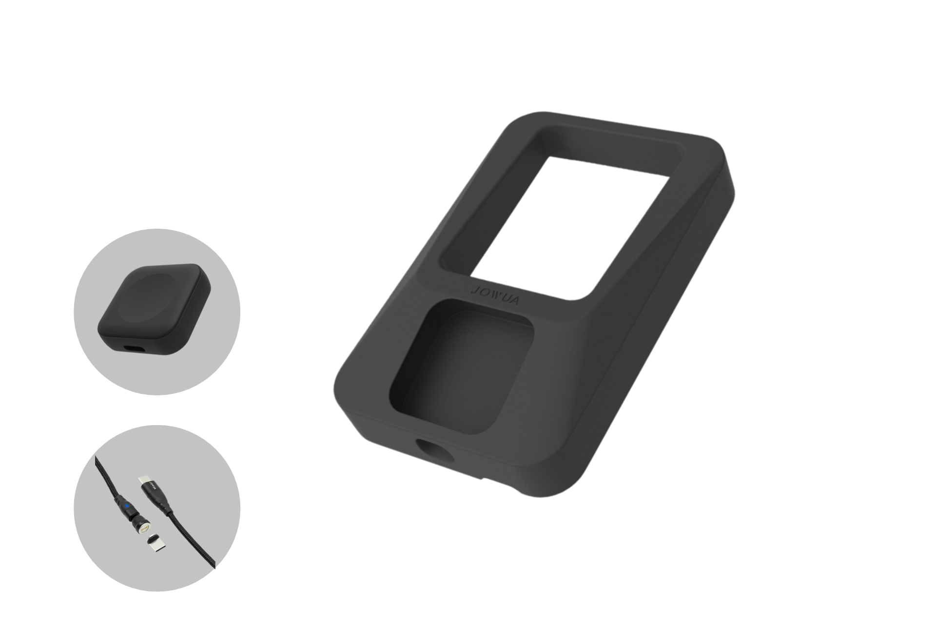 The JOWUA Power Dock Combo is a black, rectangular silicone case for Apple accessories in your Tesla, featuring screen and charging port openings. Also included are a matching black cover and a USB/micro-USB charging cable.