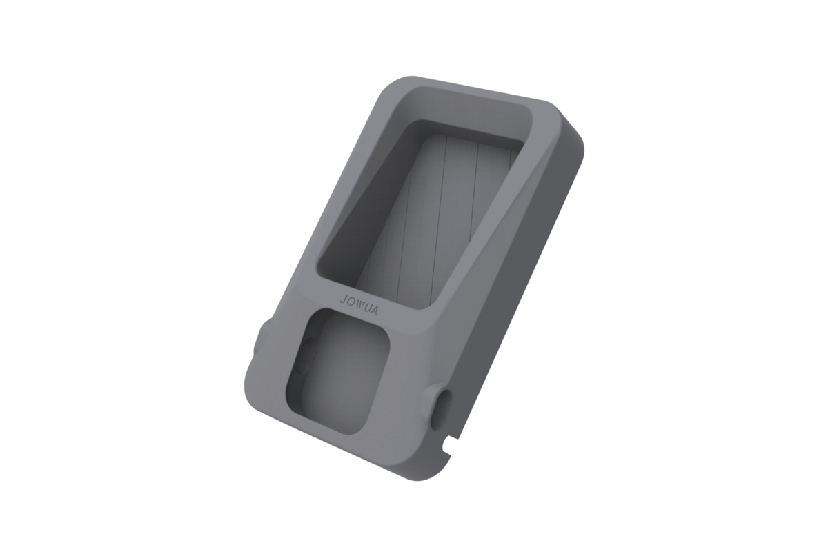 A gray, rectangular protective case made of plastic or rubber with two differently sized cutouts and curved edges, displayed against a plain white background. The brand name “JOWUA” is embossed near one of the cutouts. Designed as the Power Dock Combo - Accessory Charger for Tesla, this sleek case provides seamless integration with wireless charging AirPods and MagSafe smart watch chargers, offering both style and functionality for Tesla owners.