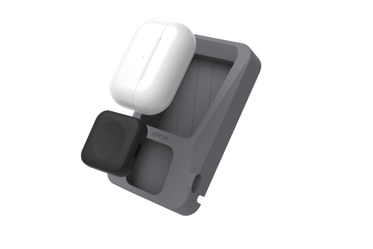 A JOWUA Power Dock Combo - Accessory Charger for Tesla in gray holds a white wireless earbud case and a black smartwatch, both neatly positioned in their designated slots against a plain white background. This sleek charging solution combines convenience with style, making it perfect for organized device charging.