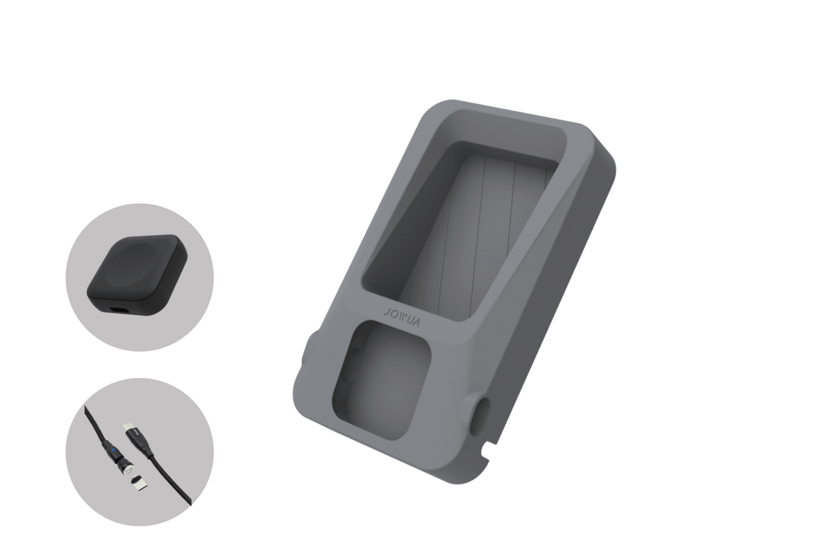 The JOWUA Power Dock Combo – Accessory Charger for Tesla, featuring a sleek gray protective case with an angled slot, a compact square accessory, and a USB cable for seamless connectivity, is displayed on a light background—ideal for organizing and charging your wireless accessories.